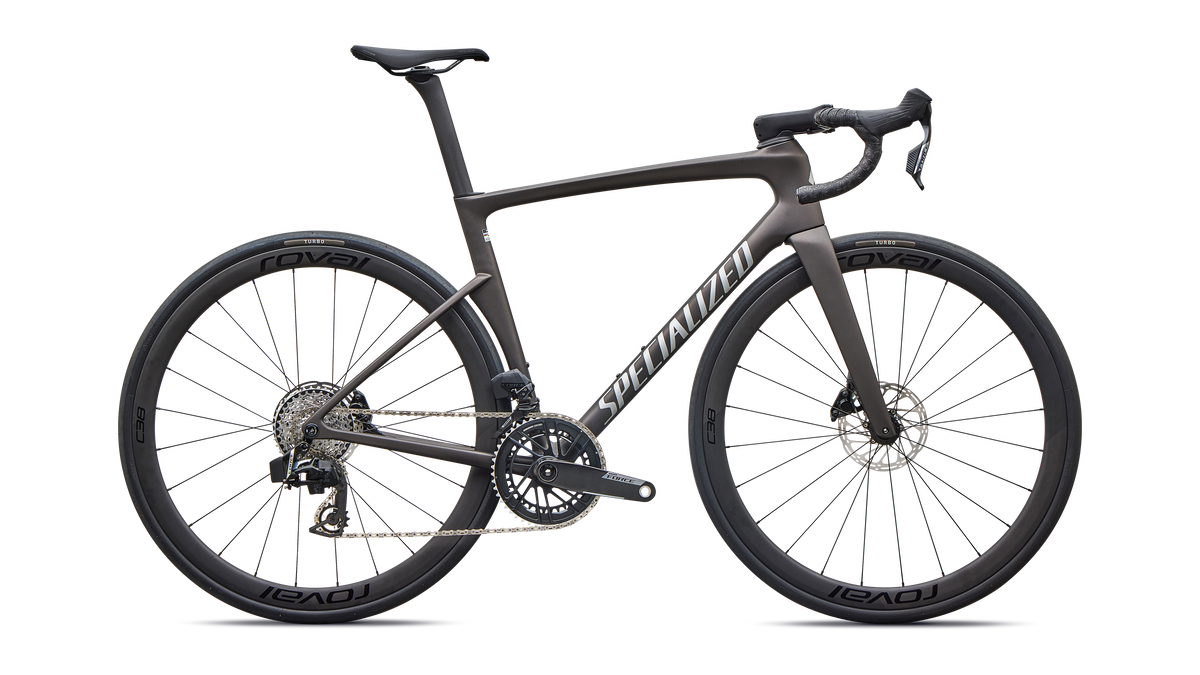 Specialized Tarmac SL9 Expert SRAM Force AXS road bike in Satin Warm Smoke Metallic / Silver Dust, side profile