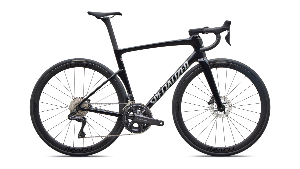 Specialized Tarmac SL9 Expert Shimano Ultegra Di2 road bike in Gloss Black / Silver Dust, side profile