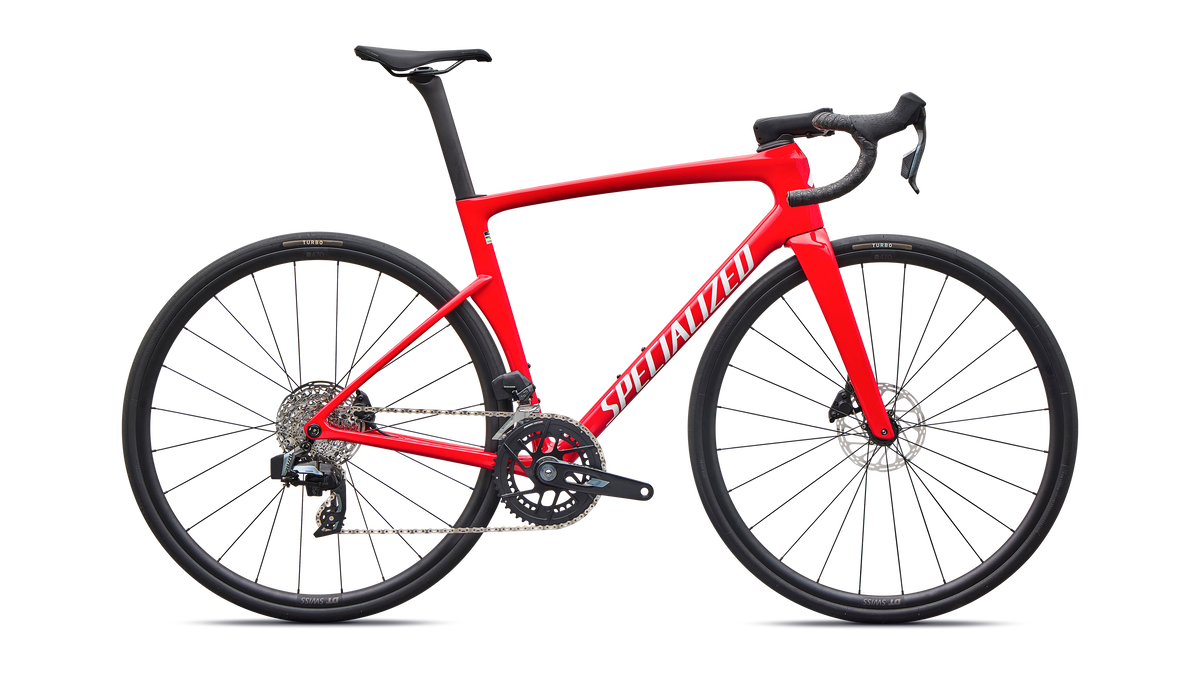 Specialized Tarmac SL9 Comp SRAM Rival AXS road bike in Gloss Vivid Red / White, side profile