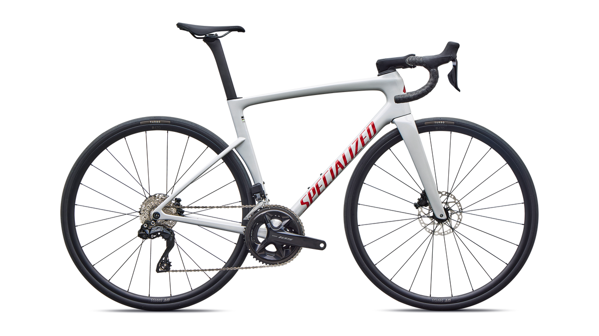 Specialized Tarmac SL9 Comp Shimano 105 Di2 road bike in Gloss Dolomite Metallic / Cayenne Metallic, side profile